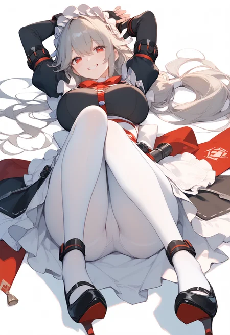 score_9,score_8_up,score_7_up,score_6_up,
<lora:Zero_Alexandrina Sebastiane_pony:1>,Zero_AS,1girl,solo,long hair,maid headdress,red eyes,grey hair,bangs,partially fingerless gloves,maid uniform,maid,low ponytail,full body,breasts,full body,looking at viewer,black high heels,large breasts,white pantyhose,bangs,lying,on back,arms up,
white_background,simple_background,