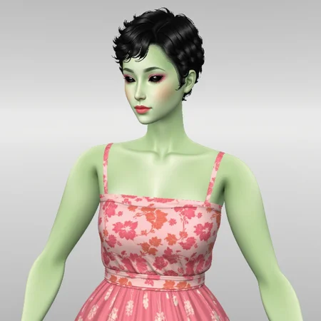 upper body,1woman,alien,colored skin,green skin,colored sclera,black sclera,black eyes,short hair,black hair,makeup,pink lips,pink dress,floral print dress,imvu style