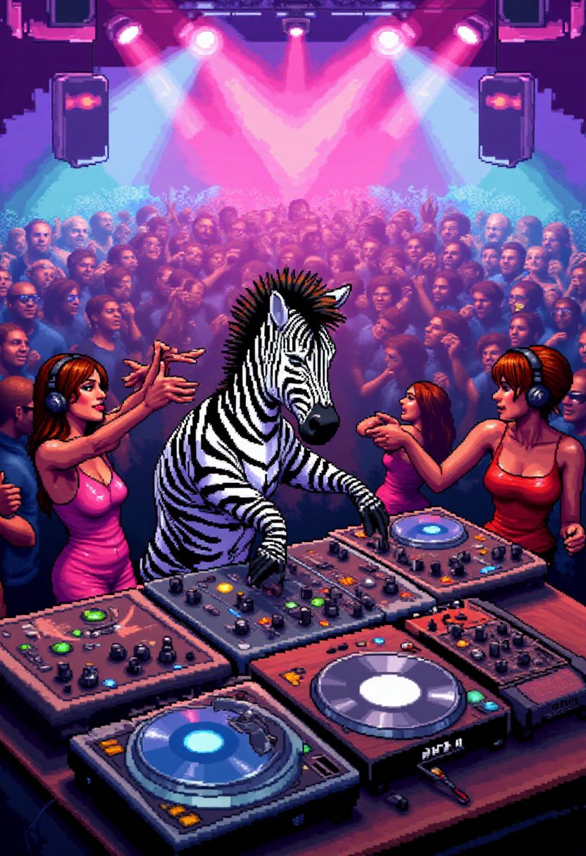 <lora:KFT_2d_Pixel_Style_FLUX-000017:1>
The image is a vibrant kftpxl pixel art illustration featuring    A zebra DJing at a lively club with colorful lights and a crowd dancing.