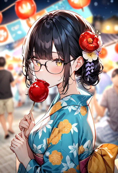 masterpiece, best quality, very aesthetic, absurdres,
ringoame, 1girl, glasses, food, black hair, yukata, floral print, candy apple, hair ornament, looking at viewer, hair flower, holding food, upper body, holding, outdoors, bangs, blurry background, night, summer, paper fan, uchiwa, paper lantern, 
 <lora:ringoame_SDXL_V1:1>