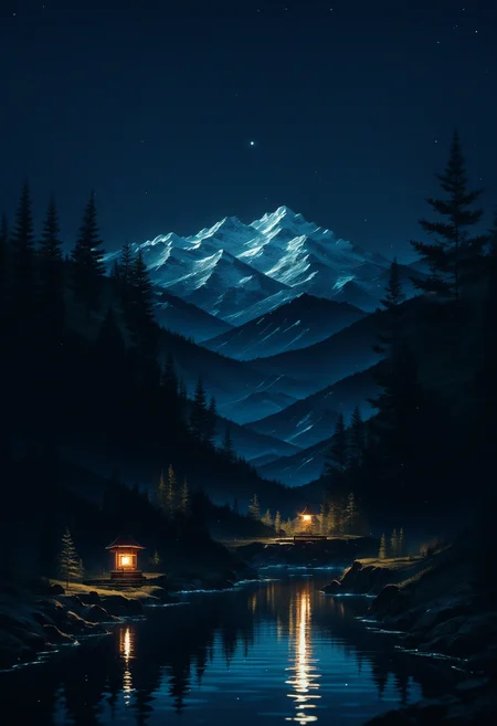 score_9, score_8_up, score_7_up, source_anime, night, (dark environment), mountains, water, trees