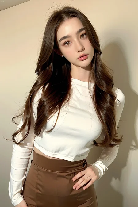 <lora:Dasha:0.8> 1girl, wearing school uniform, long_hair, solo, breasts, looking_at_viewer, lips, realistic, upper_body, brown_eyes, cute, pale skin, realistic humid skin, extremely detailed face, extemely detailed eyes, v-shaped slim face, kpop makeup, BREAK, lanky, 173cm, 49kg, supermodel shape, 8.5 heads figure, small breasts, toned butt, thigh gap