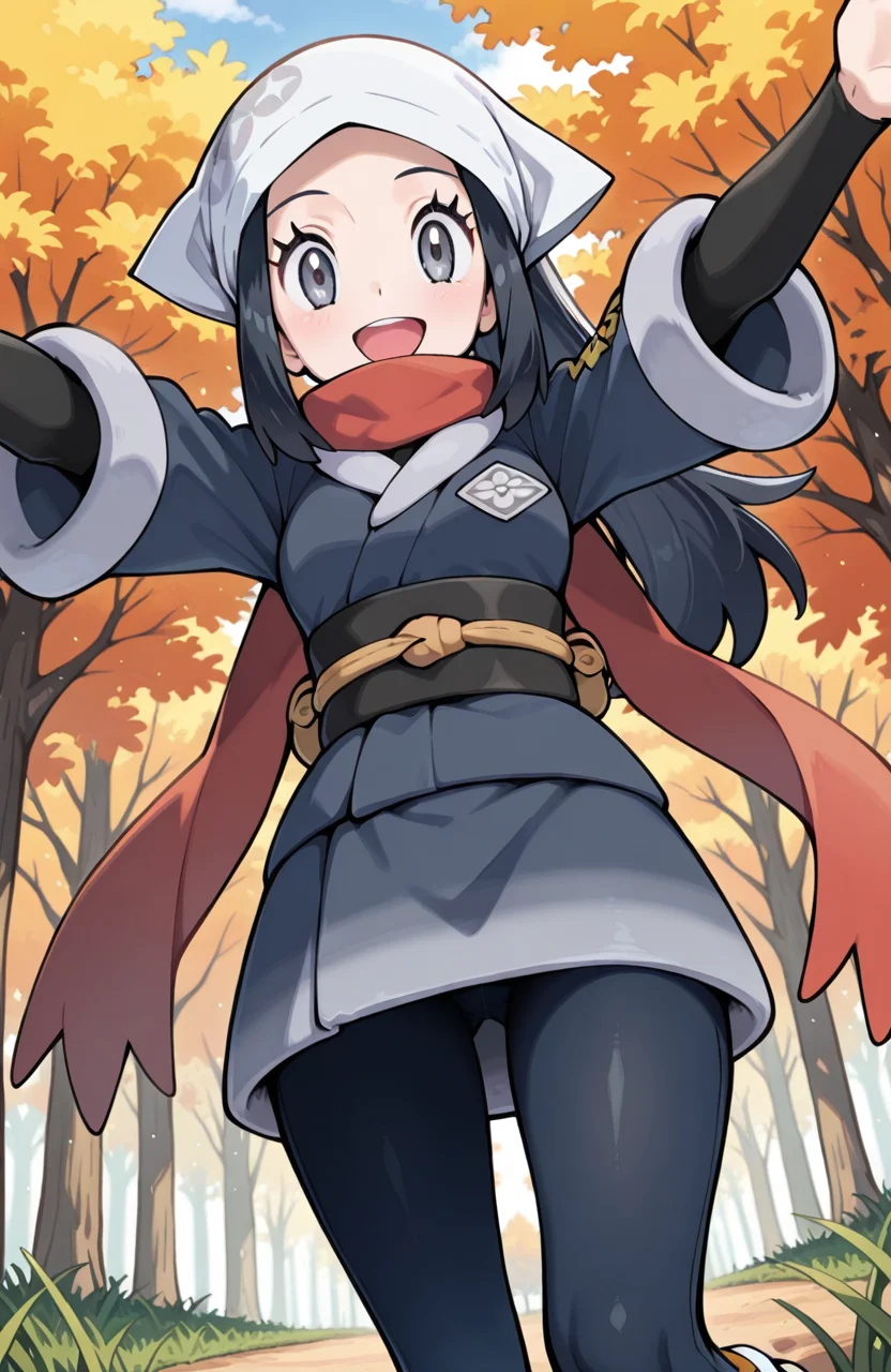 masterpiece, best quality, newest, (sugimori ken \(style\):0.5), pokemon screencap, 1girl, <lora:Akari_-_Pokemon_Illustrious:1>, akari, grey eyes, eyelashes, black hair, long hair, head scarf, galaxy expedition team survey corps uniform, scarf, white headwear, pantyhose, sidelocks, jacket, red scarf, sash, skirt, perfect eyes, breast, shiny skin, smile, open mouth, looking at viewer, grass plain, autumn, trees, forest, scenery, erotic, from below, dynamic angle, perfect anatomy