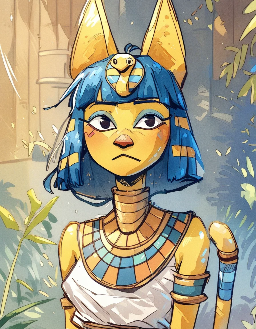 ncpy43 style source_animalcrossing, anhk, egyptian, cat girl, yellow skin, blue hair, yellow tail, yellow ears, <lora:ncpy43 style:1>, score_9, score_8_up, score_7_up, score_6_up, score_5_up, score_4_up