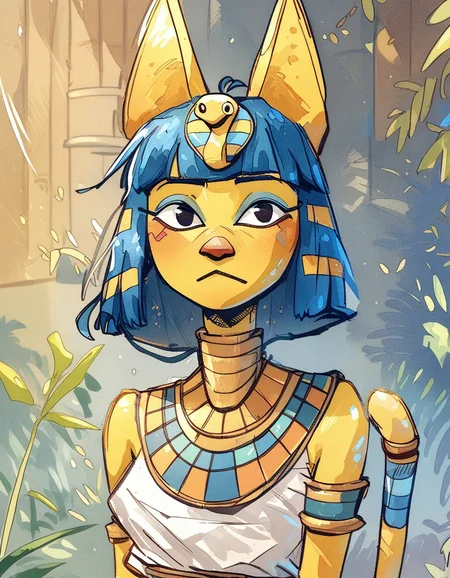 ncpy43 style source_animalcrossing, anhk, egyptian, cat girl, yellow skin, blue hair, yellow tail, yellow ears, <lora:ncpy43 style:1>, score_9, score_8_up, score_7_up, score_6_up, score_5_up, score_4_up