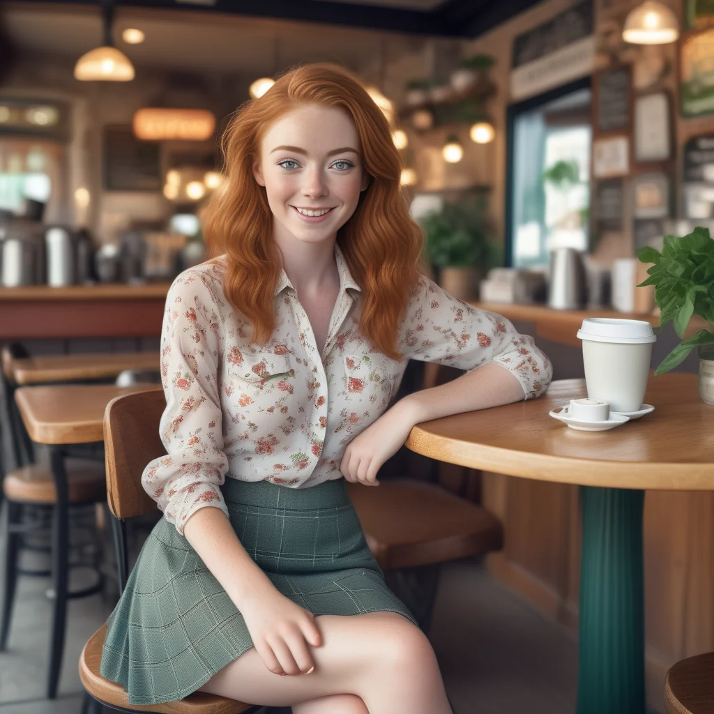 <lora:sophie-molgrin_xl:0.75> sophie-molgrin enjoying a relaxed moment at a charming coffee shop. Sheâs dressed in a stylish, casual outfitâfloral blouse and a skirt. Sheâs seated at a small table with a coffee cup in hand, smiling warmly at someone across the table. The coffee shop has a cozy ambiance with soft lighting and rustic decor.
