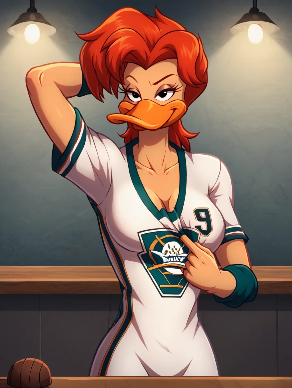 score_7, score_8, score_9, detailed background,inside,sportsbar,on bar stool,,lights,,ultra high detailed,masterpiece,full body, BREAK Solo, 1girl,female,seductive eyes,long eyelashes,half closed eyes, furry,anthro, <lora:Mallory_McMallard_Might_Ducks:0.8> mallory_mcmallard,  duck, red hair,solo, single, beak, long eyelashes, black eyes,  ,medium breasts,portrait,hockey jersey,cleavage,pulling neckline down,neckline pull,,,short sleeves,,perfect eyes, perfect face,smirk,half-closed eyes,seductive,hand on top of breast,number 15 on sleeve, white hockey uniform with red and teal accents, mighty ducks logo on chest,hand behind head,arm up,