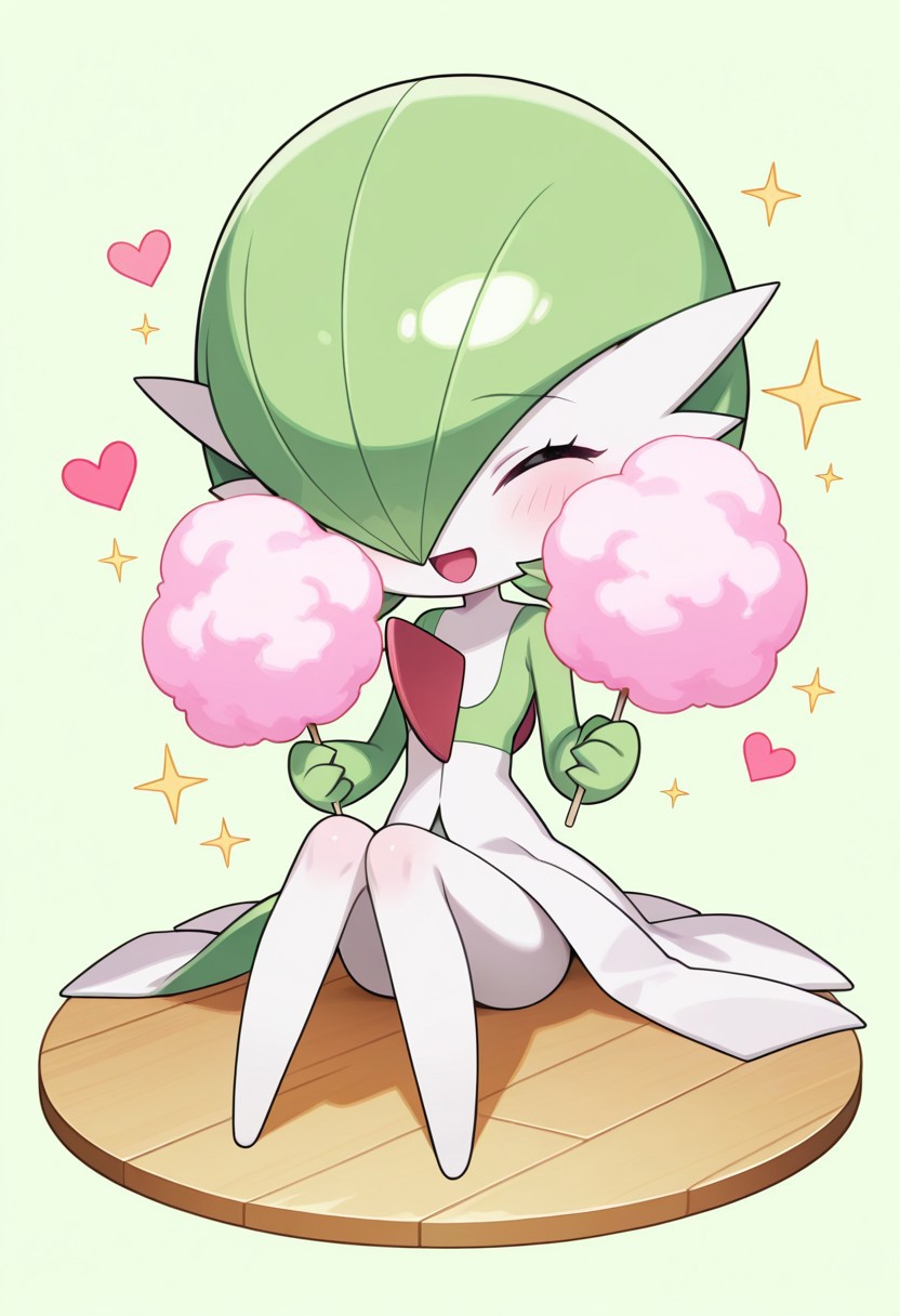 masterpiece, best quality, absurdres, amazing quality, detailed face, detailed skin, detailed eyes, high resolution, official style,  
1girl, ((chibi:1.1)), ((anime chibi style:1.1)), gardevoir \(pokemon\), 
solo, sitting on floor, full body, excited, cute, happy girl, cotton candy, holding cotton candy, eyes closed, smile, open mouth, 
simple light green background, sparkles, heart, 
((no text:1.1)), ((no signature:1.1)),