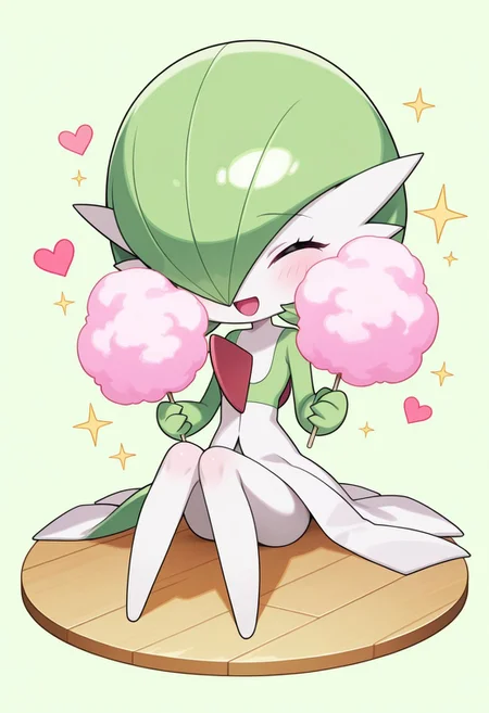 masterpiece, best quality, absurdres, amazing quality, detailed face, detailed skin, detailed eyes, high resolution, official style,
1girl, ((chibi:1.1)), ((anime chibi style:1.1)), gardevoir \(pokemon\),
solo, sitting on floor, full body, excited, cute, happy girl, cotton candy, holding cotton candy, eyes closed, smile, open mouth,
simple light green background, sparkles, heart,
((no text:1.1)), ((no signature:1.1)),