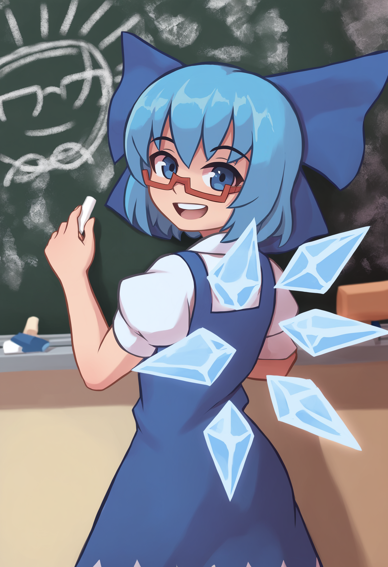 cirno, 1girl, bespectacled, blue bow, blue dress, blue eyes, blue hair, bow, chalk, chalkboard, dress, from behind, glasses, hair bow, ice, ice wings, looking at viewer, looking back, open mouth, red-framed eyewear, semi-rimless eyewear, short hair, short sleeves, smile, solo, teeth, under-rim eyewear, upper teeth only, wings
, masterpiece, best quality, good quality,
<lora:duhota_noob_vpred-1.0_edm2_v1:1>