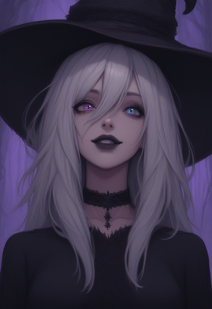 score_9, score_8_up, score_8_up, ((pixel art)), goth girl, 1girl, witch, adult, straight hair, white hair, purple eyes, meduim breast,dark lips, witch hat,  hair between the eyes, curious, black hoody, choker, black shirt, peeking, black leagwear, looking at viewer, dark fantasy, night forest, , ((dark, horror theme)), wide eyes, wide smile,  behind the three, long nails, blue eyes, ((different eye colors, heterochromia)), <lora:add-detail-xl:0.4> , <lora:[GP] somethingweird [Pony XL]:0.2>, <lora:g0th1cPXL:0.3>, <lora:st4t1ctvXLP:0.8> ,  <lora:Goth_girl_XL-v2:0.8>,