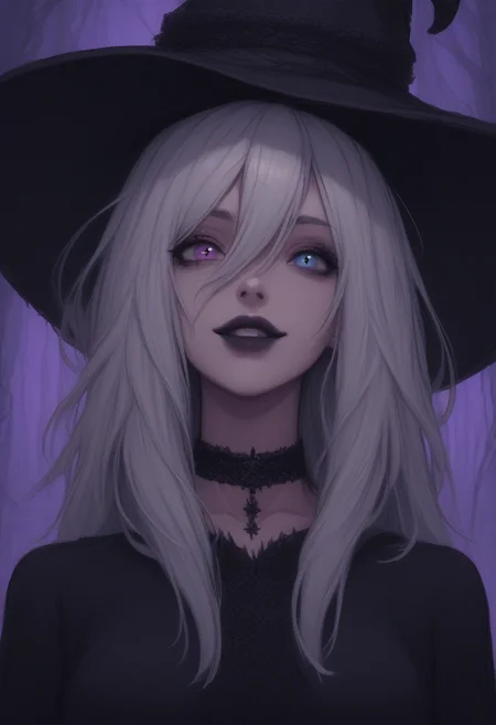 score_9, score_8_up, score_8_up, ((pixel art)), goth girl, 1girl, witch, adult, straight hair, white hair, purple eyes, meduim breast,dark lips, witch hat,  hair between the eyes, curious, black hoody, choker, black shirt, peeking, black leagwear, looking at viewer, dark fantasy, night forest, , ((dark, horror theme)), wide eyes, wide smile,  behind the three, long nails, blue eyes, ((different eye colors, heterochromia)), <lora:add-detail-xl:0.4> , <lora:[GP] somethingweird [Pony XL]:0.2>, <lora:g0th1cPXL:0.3>, <lora:st4t1ctvXLP:0.8> ,  <lora:Goth_girl_XL-v2:0.8>,