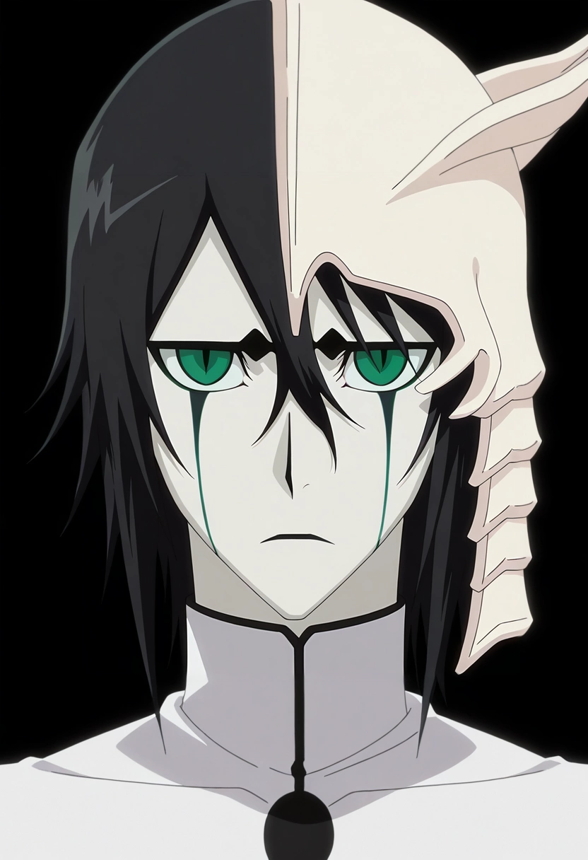 masterpiece, best quality, , anime screencap, anime coloring, , looking at viewer, , 1boy, solo, male focus, <lora:ulquiorra_cifer_ilxl:0.94>, ulquiorra_cifer, black hair, green eyes, facial mark, hair between eyes, , ,