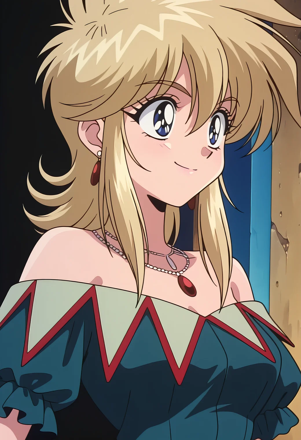 masterpiece, best quality, amazing quality, 1girl, solo, 1990s \(style\), retro_artsryle, anime coloring,
<lora:rubette_la_lette_v01:0.9>, rubette_noble, blonde hair, medium hair, sidelocks, hair between eyes, blue eyes,
earrings, necklace, jewelry, bare shoulders, blue dress, green dress, off-shoulder dress, short sleeves, (smile:0.7), portrait