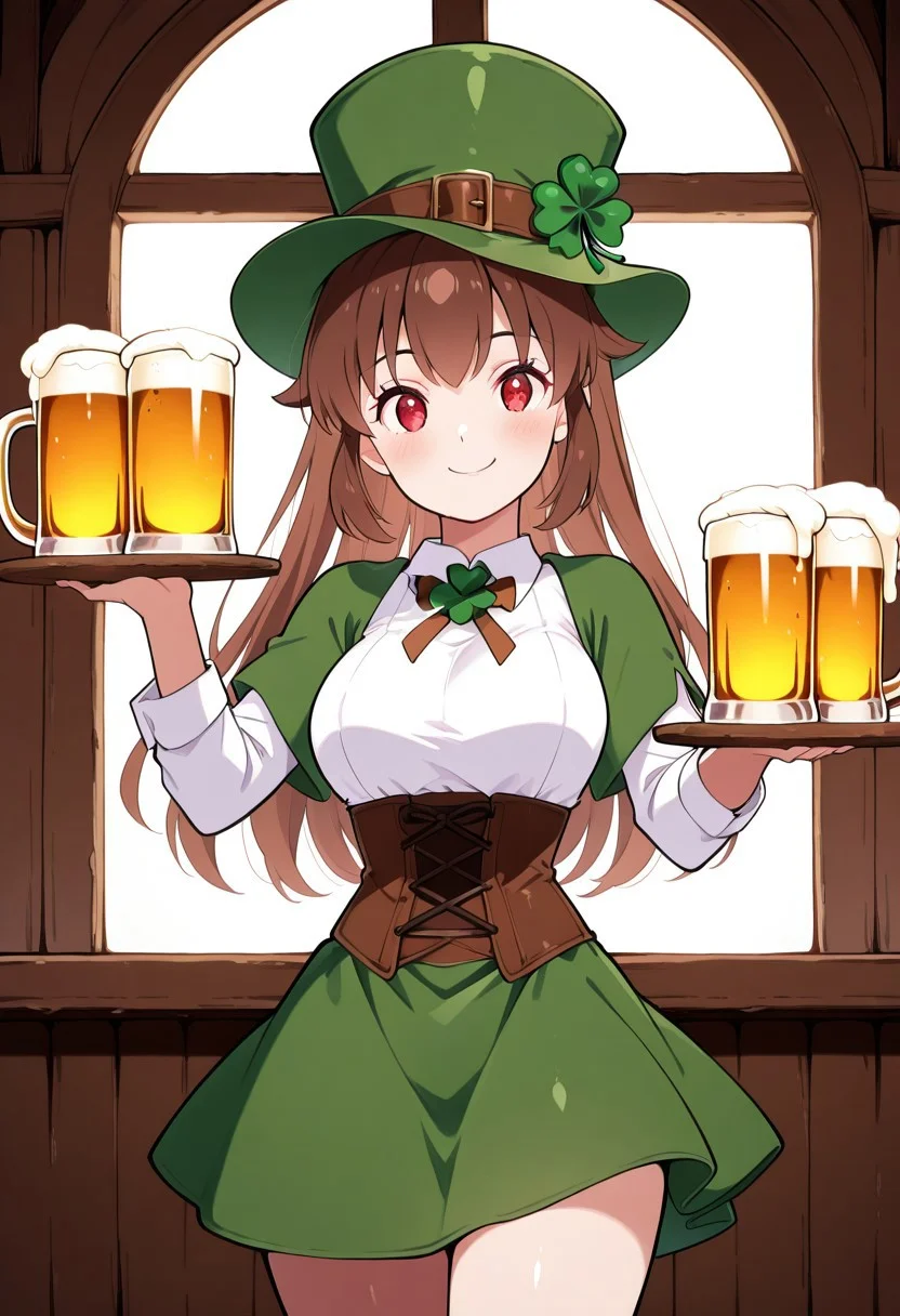 masterpiece, best quality, looking at viewer, smile, 1girl, solo(beautiful eyes), C0utur3Cr4z3, green hat, corset, green skirt, long sleeves, collared dress, solo, smile, looking at viewer, cowboy shot, ShamrockWorld, clover, four-leaf clover, beer mug, UraKanna, red eyes, long hair, brown hair,