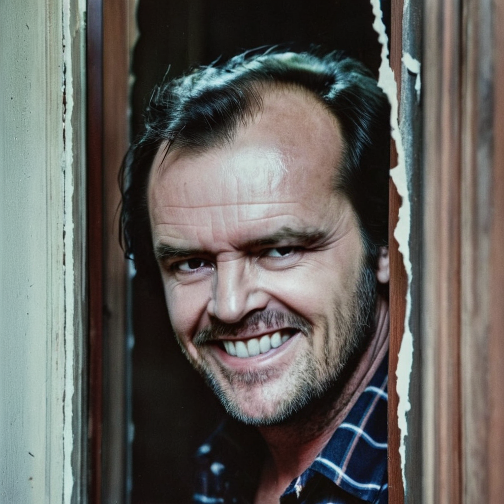 cinematic film still of  <lora:perfection style:0.5> <lora:detailed:0.5> perfection detailed
 <lora:The Shining film style:1>
Jack Torrance In the 1980's in the Colorado Rocky Mountains a man with a beard and a shirt is looking through a broken door with a creepy smile,solo,open mouth,1boy,male focus,teeth,facial hair,portrait,meme,realistic,mustache,stubble,wrinkled skin , cinematic, film, kodak, The Shining film style, here's johnny style, shallow depth of field, vignette, highly detailed, high budget, bokeh, cinemascope, moody, epic, gorgeous, film grain, grainy