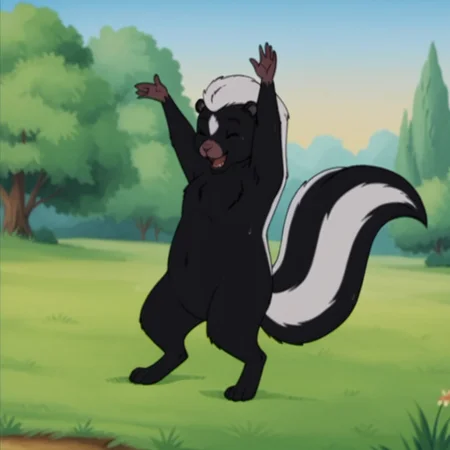 score_9, score_8_up, score_7_up, score_6_up, score_5_up, score_4_up, source_furry, skunkfrnkln, semi-anthro, female, skunk, black fur, outside, dancing, in a field,