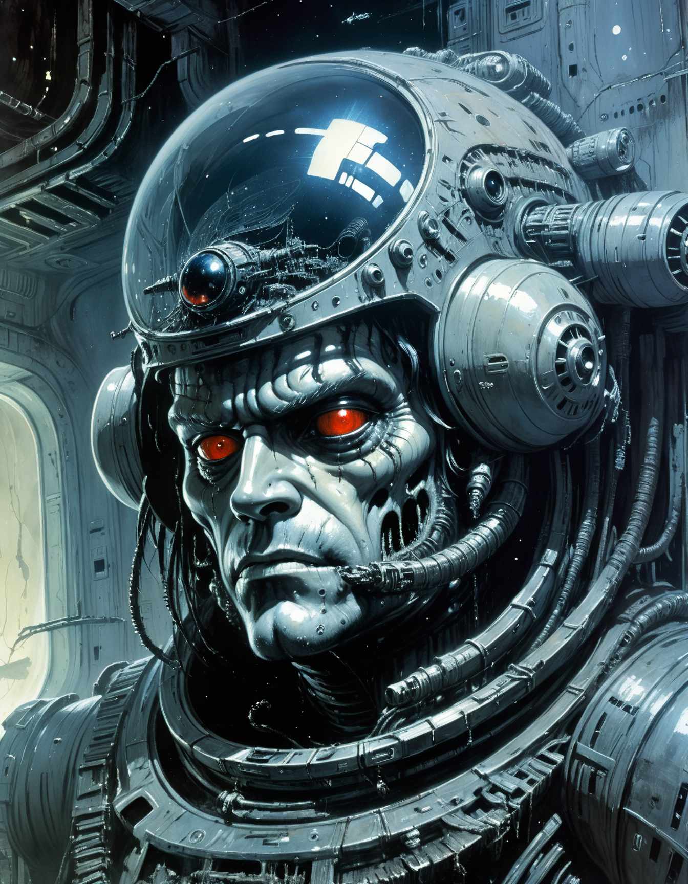 "Close-up, front-facing view of a scavenger, his face reflecting horror, within the chilling confines of a derelict space station. Sharp contrasts, lavishly intricate, drawing from H.R. Giger", surrealism, weird and pissed off, oil on canvas, dry brush, <lora:John Berkey Style:0.9>, John Berkey Style