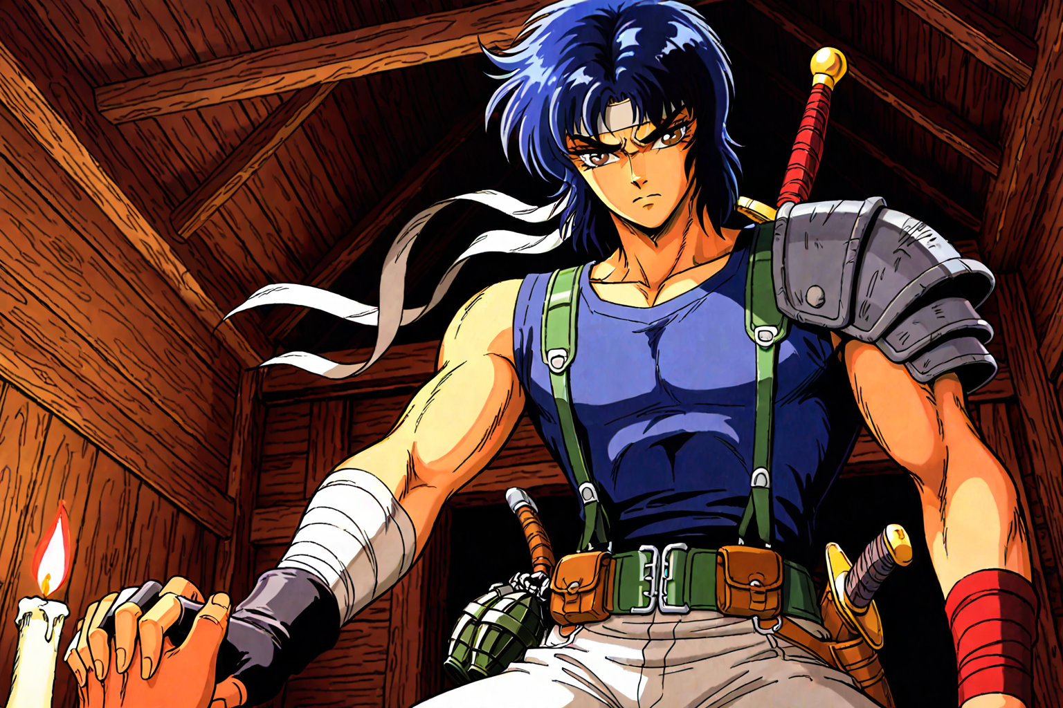 masterpiece, best quality, amazing quality, very aesthetic, absurdres, newest, zodikki1, kurumada hair, kurumada eyes, (ffl1humanm, no sword), 1boy, blue hair, male focus, white headband, single red pauldron, single white pauldron, pouch, green belt, holster, brown eyes, toned male, grenade belt, sheathed dagger, green suspenders, blue vest, single black fingerless glove, single bandaged wrist, pov, indoors, wooden cabin, candlelight, serious, pov hands holding ornate sword, from below