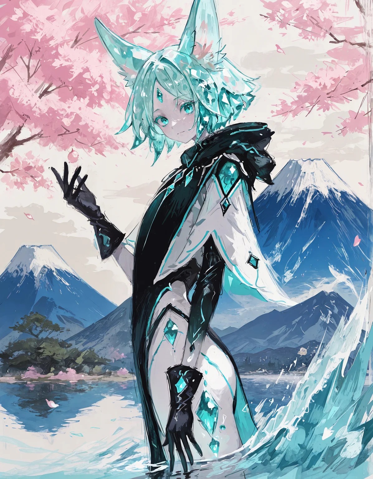 masterpiece, best quality, newest, highres, absurdres, <lora:fuyumur4s4ki_style:1>,fuyumur4s4ki_illu,painting \(medium\), <lora:Hoseki_LandOfTheLustrous_Phosphophyllite_IllustriousXL_v1:0.5>, 1other, androgynous, ph0s, pale skin, aqua eyes, colored eyelashes, crystal hair, aqua hair, short hair, parted bangs,multicolored hair, animal ears, fox ears, gloves, blunt ends, animal ear fluff, closed mouth, black gloves, looking at viewer, bangs, hood, streaked hair, short hair,water,abstract composition, dynamic pose, cherry blossoms, mount fuji, depth of field, chinese cloud, dynamic composition,