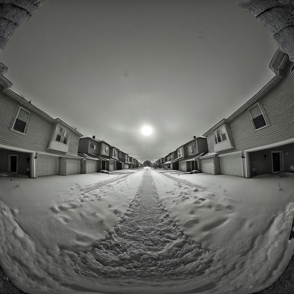 liminal, suburban liminal, suburban, an empty suburban environment, vanishing point, depth of field, fisheye lens, snow, neighborhood, indoors, looking out window, garage, symmetrical, abstract, split image, creepy, greyscale, night, day, sunrise, sunset, beautiful, masterpiece, offset