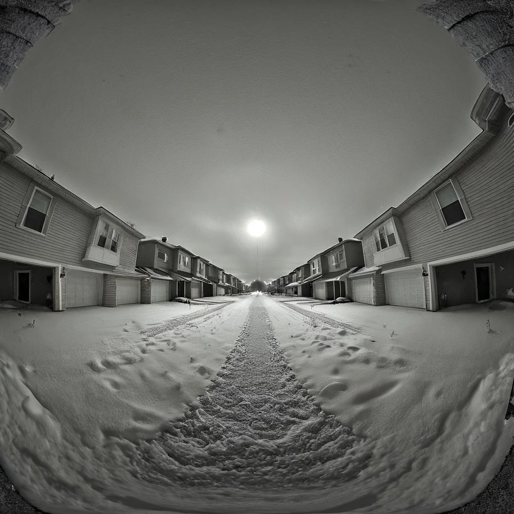 liminal, suburban liminal, suburban, an empty suburban environment, vanishing point, depth of field, fisheye lens, snow, neighborhood, indoors, looking out window, garage, symmetrical, abstract, split image, creepy, greyscale, night, day, sunrise, sunset, beautiful, masterpiece, offset