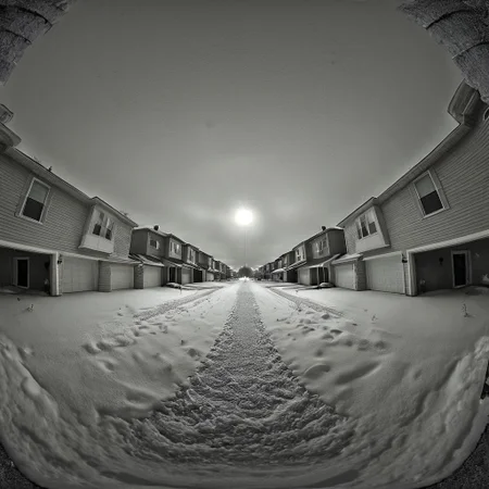 liminal, suburban liminal, suburban, an empty suburban environment, vanishing point, depth of field, fisheye lens, snow, neighborhood, indoors, looking out window, garage, symmetrical, abstract, split image, creepy, greyscale, night, day, sunrise, sunset, beautiful, masterpiece, offset