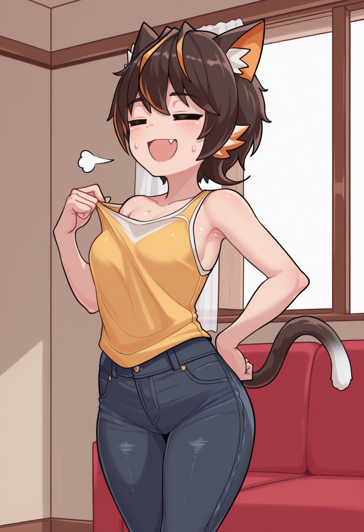 masterpiece, best quality, <break> solo, 1girl, ockua, cat tail, sweat, :d, fang, looking away, standing, hand on own hip, shirt pull, pulling own clothes, puff of air, short hair, streaked hair, brown hair, orange hair, cat ears, closed eyes, =_=, yellow tank top, jeans, bare shoulders, collarbone, indoors, living room, open window
<segment:yolo-Anzhc Face seg 640 v2 y8n.pt,0.4,0.5//cid=1>
