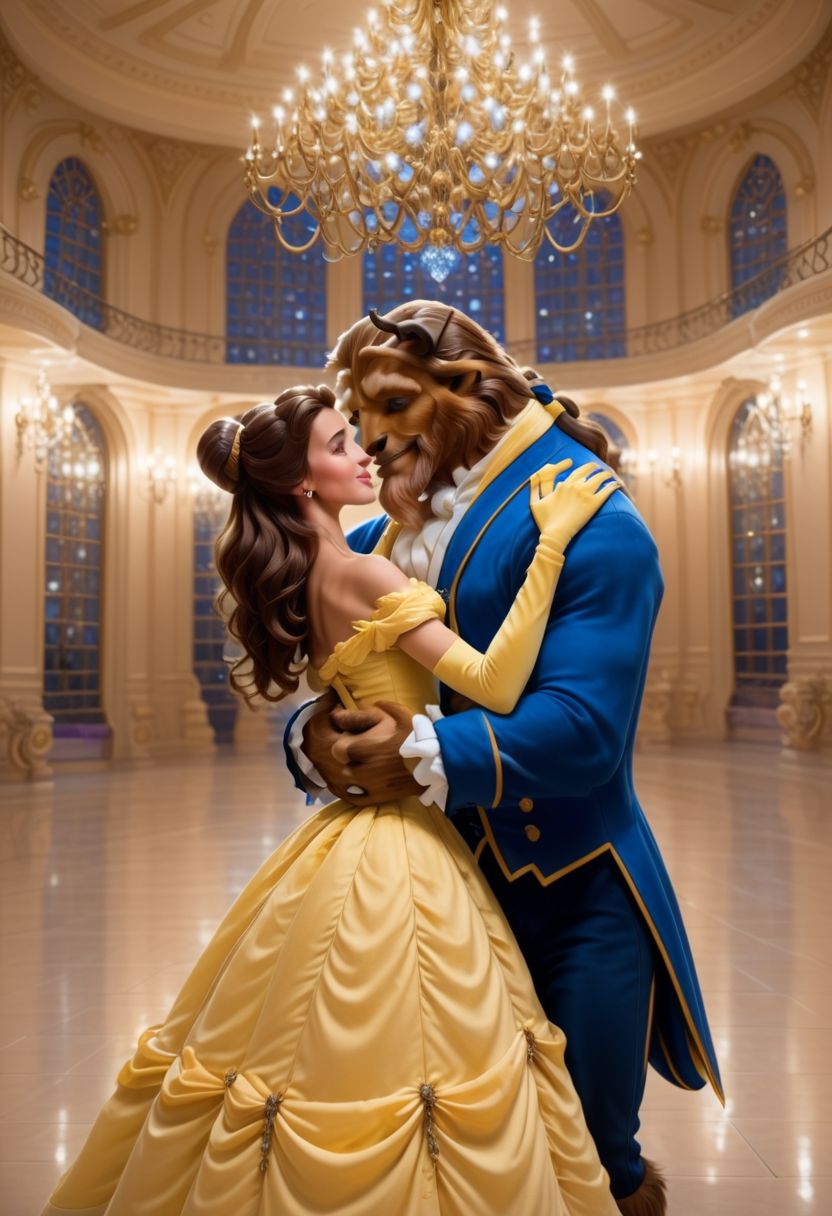 1girl, 1man, original style,
Belle, hugging TheBeast, princess dress, in ballroom, (ultra detailed cute face, perfect face, beautiful Belle:1.1), romance, hand on his cheek, looking at each other, loving deep gaze, romance