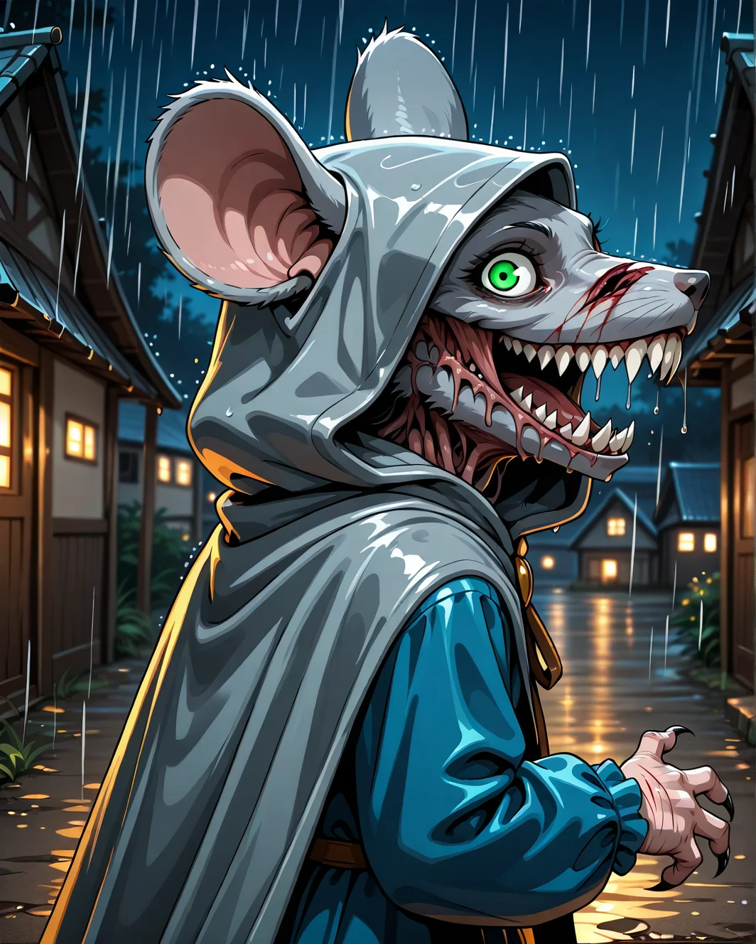(solo), (solo:2), (fluffy:0.8), (feral), outdoors, furry, (((mouse))), female, bright green eyes, grey fur, grey ears, claws, (fluffy cheeks:0.4), grey hooded cape, hood up, (blue dress), cute, in the style of beatrix potter, cel-shading, fca style, village, night, rain, (dark:1.5), backlit, (side view:1.3), (upper body shot), look back, horror, madness, bloody, abomination, sharp teeth, veins, trauma, cuts, scratches, crazy smile, <lora:se_v1_horror:0.1>