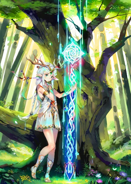 by dsmile9, , by yogisya
1girl
extremely beautiful detailed piercing eyes,
1 female druid healing animals in forest. glowing particles, celtic knot, mythical
masterpiece, best quality, high quality, highres, absurdres, very detailed, high resolution, sharp, sharp image, 8k, vivid, colorful, stunning, anime, aesthetic