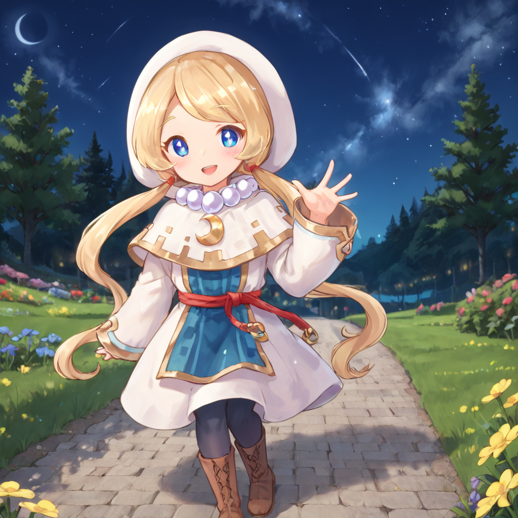 <lora:Yuelia_-_Fantasy_Life:.8> yuelia, Fantasy Life, , 1girl, solo, long hair, blonde hair, low twin tails, blue eyes, diamond iris, white outfit, white and gold capelet, pearl necklace, crescent moon medallion, hood, hood up, white robe, long sleeves, bell sleeves, gold trim, blue tabard, red cincture, black tights, brown boots, full body, walking, waving, happy,
