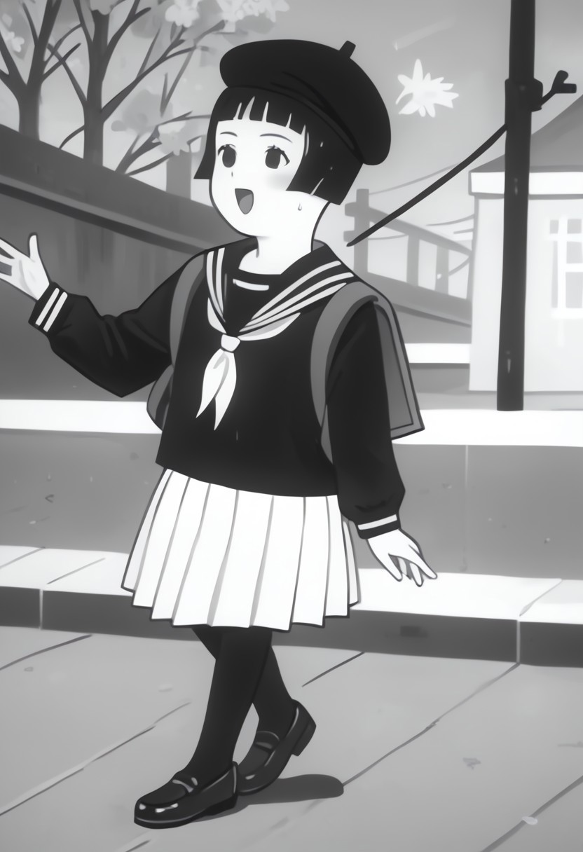 score_9, score_8_up, score_7_up BREAK Chameko, 1girl, monochrome, grayscale, black bobcut, blunt bangs, black eyes, serafuku, white pleated skirt, black tights, dark gray mary-jane shoes, black beret, anime, source_anime, solo, solo focus, female, female focus, japan showa outdoors, showa japan background, singing happily, full body,