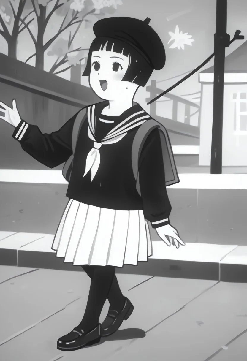 score_9, score_8_up, score_7_up BREAK Chameko, 1girl, monochrome, grayscale, black bobcut, blunt bangs, black eyes, serafuku, white pleated skirt, black tights, dark gray mary-jane shoes, black beret, anime, source_anime, solo, solo focus, female, female focus, japan showa outdoors, showa japan background, singing happily, full body,