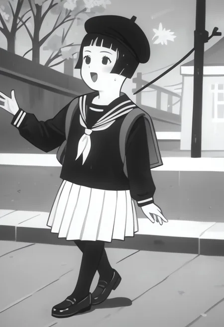 score_9, score_8_up, score_7_up BREAK Chameko, 1girl, monochrome, grayscale, black bobcut, blunt bangs, black eyes, serafuku, white pleated skirt, black tights, dark gray mary-jane shoes, black beret, anime, source_anime, solo, solo focus, female, female focus, japan showa outdoors, showa japan background, singing happily, full body,