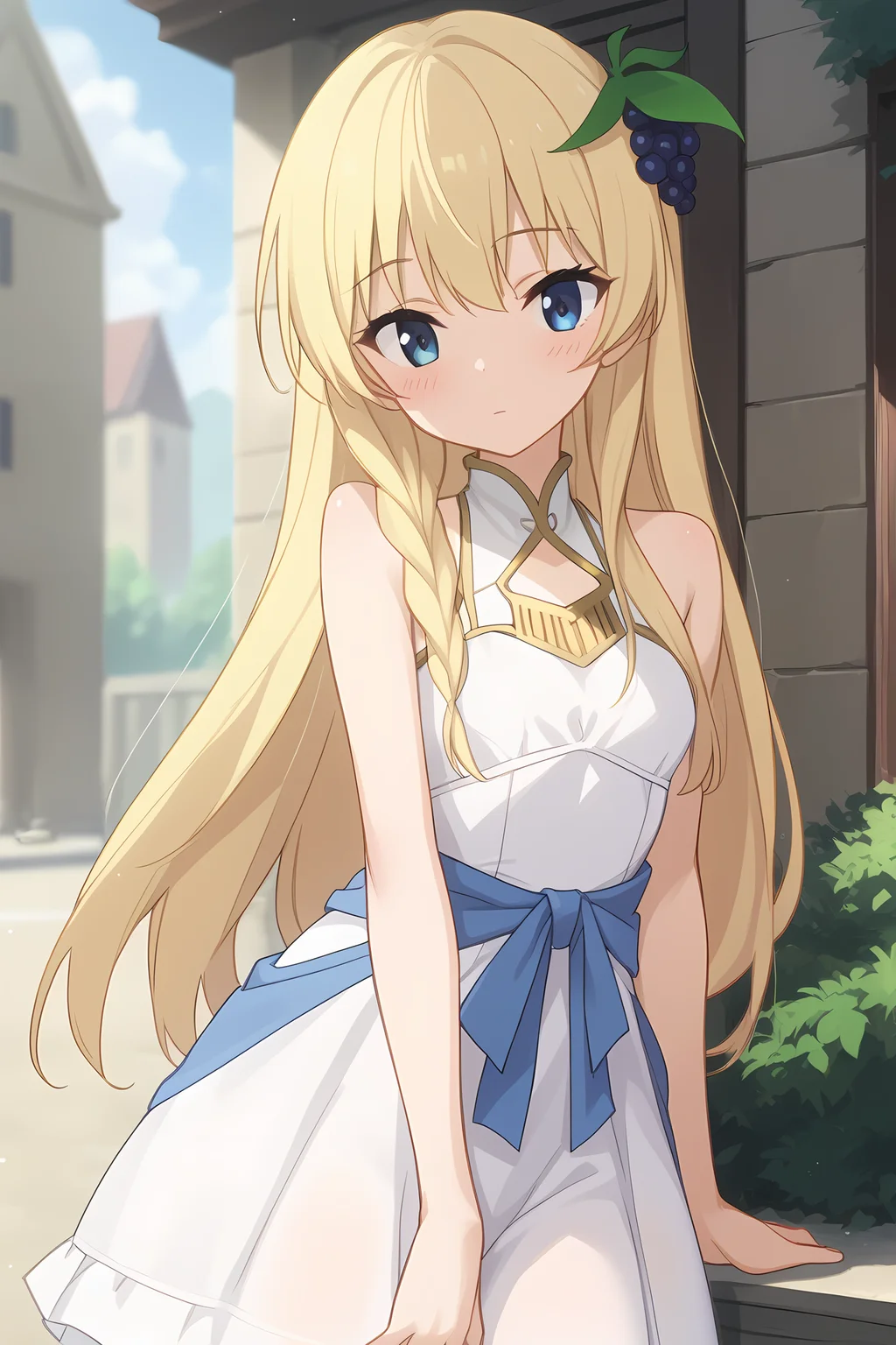 (long white dress blue waist ribbon white pantyhose:1.40), ks-iris, blonde hair, long hair, blue eyes, hair ornament, necklace, 1girl, solo, skinny, score_9, score_8_up, score_8, score_7_up, score_7, score_6_up, score_6, score_5_up, score_5, source_anime, (blush:1.10), sunset outdoors, (:1.20), (:1.20), , <lora:ks-iris-V01-000003:0.80> small breasts