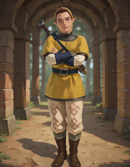 masterpiece, best quality, newest, perfect quality, best quality, detailed background, intricate details, male focus, realistic, <lora:Pipit - Zelda Skyward Sword - Illustrious-000006:0.8> ss_pipit, 1boy, mature male, pointy ears, brown hair, short hair, blue eyes, freckles, yellow hat, yellow tunic, chainmail undershirt, blue fingerless gloves, belt, pants, boots, head tilt, looking at viewer, crossed arms, scabbard