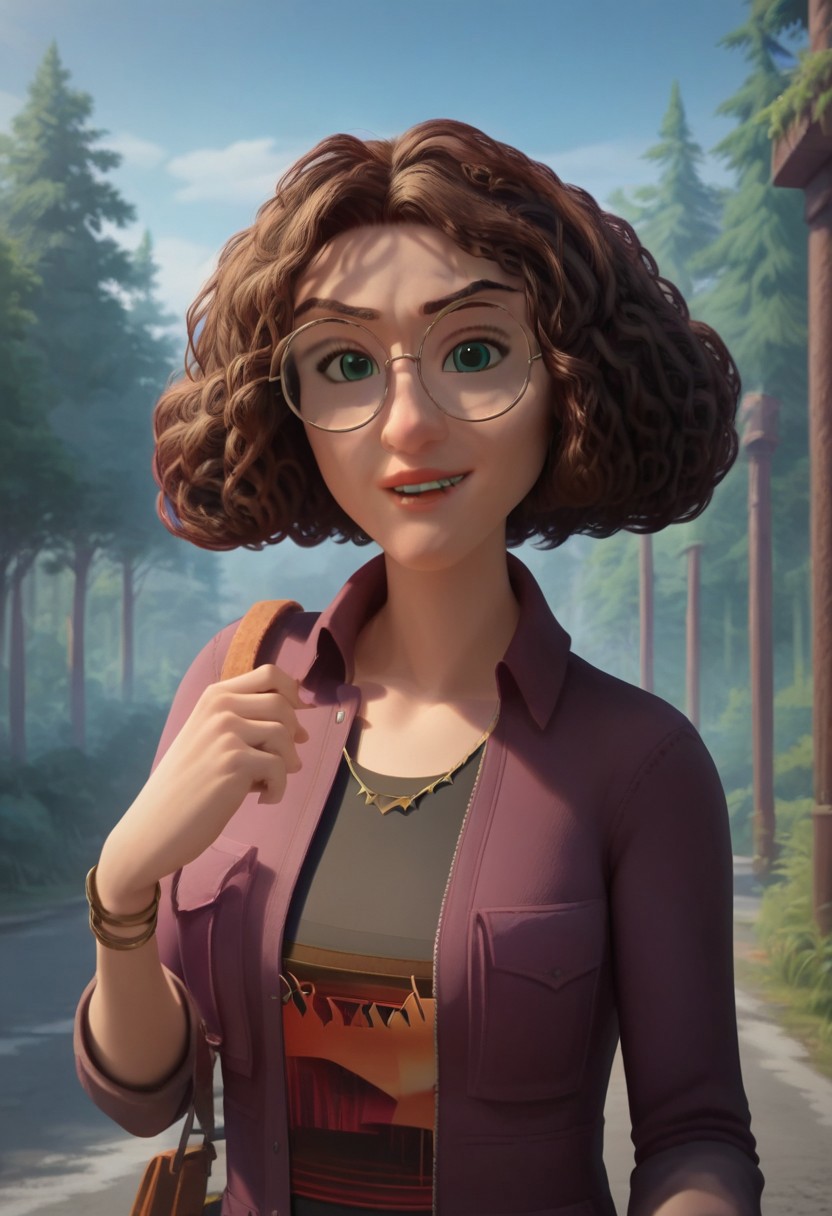 score_8, score_8_up, score_7_up, 1girl, solo, female focus, Tara_HI, light skin, green eyes, round glasses, dark brown eyebrows, dark brown hair, short hair, voluminous curly hair, pink lips, purple jacket, black t-shirt with print, blue skinny jeans, brown boots, bracelet, gold necklace, standing, outside, forest, sky blue, looking at the viewer, perfect hands. perfect smile, perfect eyes