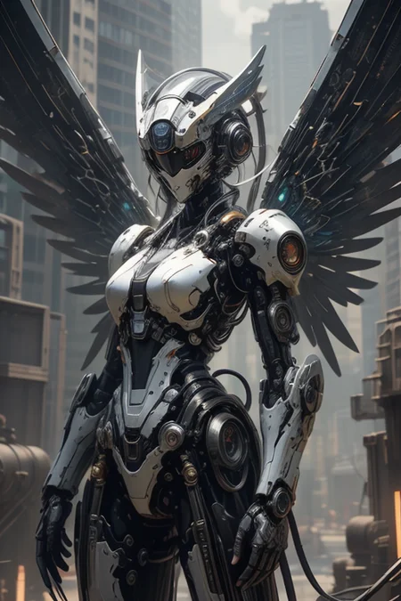 masterpiece,best quality,absurdres,high details,8K,photorealistic,at distance,cowboy shot,1girl,<lora:wrenchsmechs:0.7>,wrenchsmechs,glowing,mecha,halo,mechanical wings,<lora:Concept_-_Hella-sthetic_v2:0.7>,