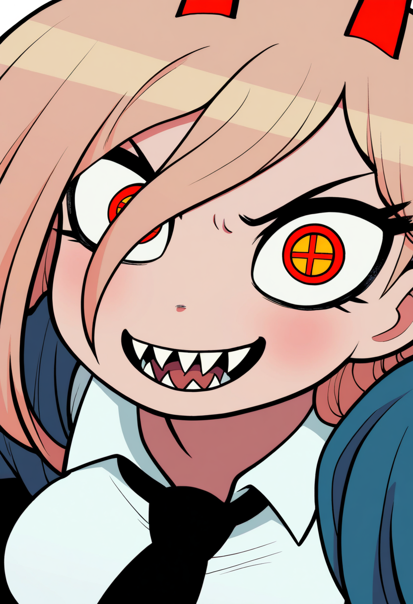 best quality, amazing quality, very aesthetic, absurdres,
BREAK
1girl, power \(chainsaw man\), pink hair, blonde hair, red horns, red eyes, cross-shaped pupils, long hair, sharp teeth, hair between eyes, symbol-shaped pupils,
collared shirt, black necktie, long sleeves,
looking at viewer, white shirt, open mouth,
simple background, white background, smile, upper body,  <lora:BryanLeeOMalleyNoobLocon_byKonan:1>