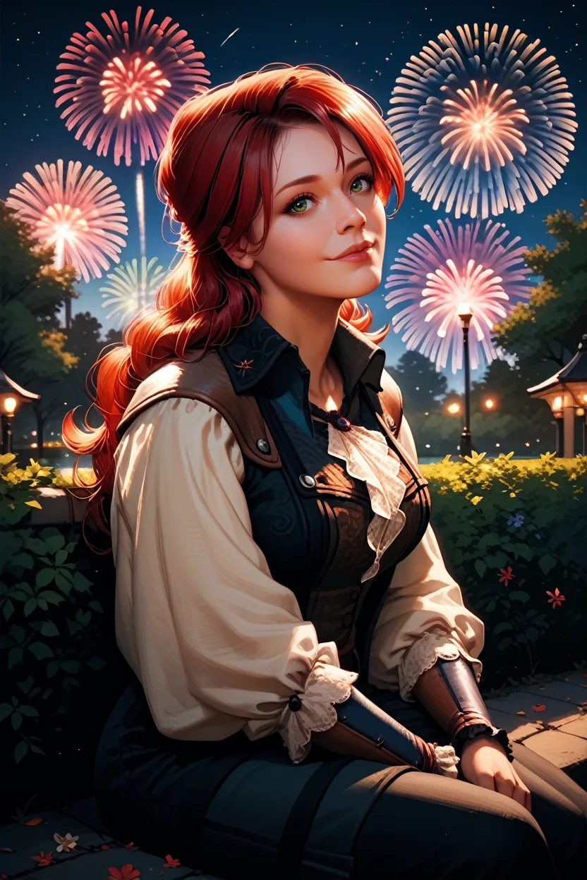 score_9, score_8_up, score_7_up, score_6_up
<lora:ACUElise:0.9>
ACUElise, 1girl, red hair, long hair, green eyes, looking at viewer, sitting, at night, fireworks, park, looking up, smile