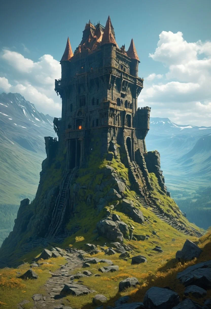 <lora:TheWeirdies_epoch_10:0.78>
score_9, score_8_up, score_7_up, score_6_up
Durlag's Tower was a large tower that was said to be haunted by a powerful entity, as well as one that housed immeasurable treasure. The fortress was located south of the Wood of Sharp Teeth, a couple of miles from the small settlement of Gullykin. The tower was built entirely of volcanic stone and was in fair condition given the amount of time and neglect involved. It laid atop a volcanic plug that dominated the surrounding lands. Durlag Trollkiller, aided by hired dwarves, was said to have hollowed out the mountain for the rock that made up his tower and used the space created to hide further treasure. This local landmark was the isolated keep of Durlag Trollkiller, son of Bolhur the Clanless, a dwarven hero said to have amassed a large quantity of treasure and stored it here and in a few other locations. This treasure was protected by all manner of magical wards and mechanical traps, the latter of Durlag's own devising. Many adventurers sought his treasure over the decades, with varying degrees of success. The tower comprises a ground floor, three additional upper floors, and even more underground levels.
no humans,
((Durlag's Tower, large tower, haunted, fortress, dark woods surround, built of volcanic stone, mountain, dark))
<lora:add-detail-xl:1>