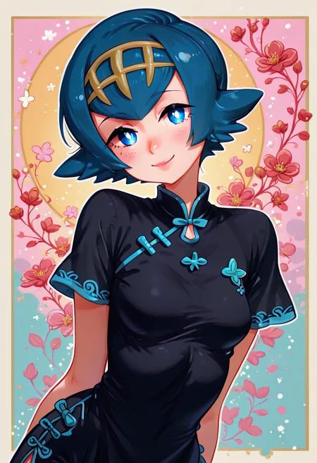 masterpiece, best quality, 1girl, solo, eyelashes, (beautiful eyes), curvy,   (upper body:1), (leaning forward, head tilt, delicate lips, slightly pink lips), looking at viewer,   zzLana, blue eyes, short hair, bright pupils, bow, short sleeves, black dress, chinese clothes,  smile, looking at viewer, pretty background,     <lora:ShamonabeLana_IXL_v2:1.0>,  <lora:FluxieStyle_IXL:1.0>,