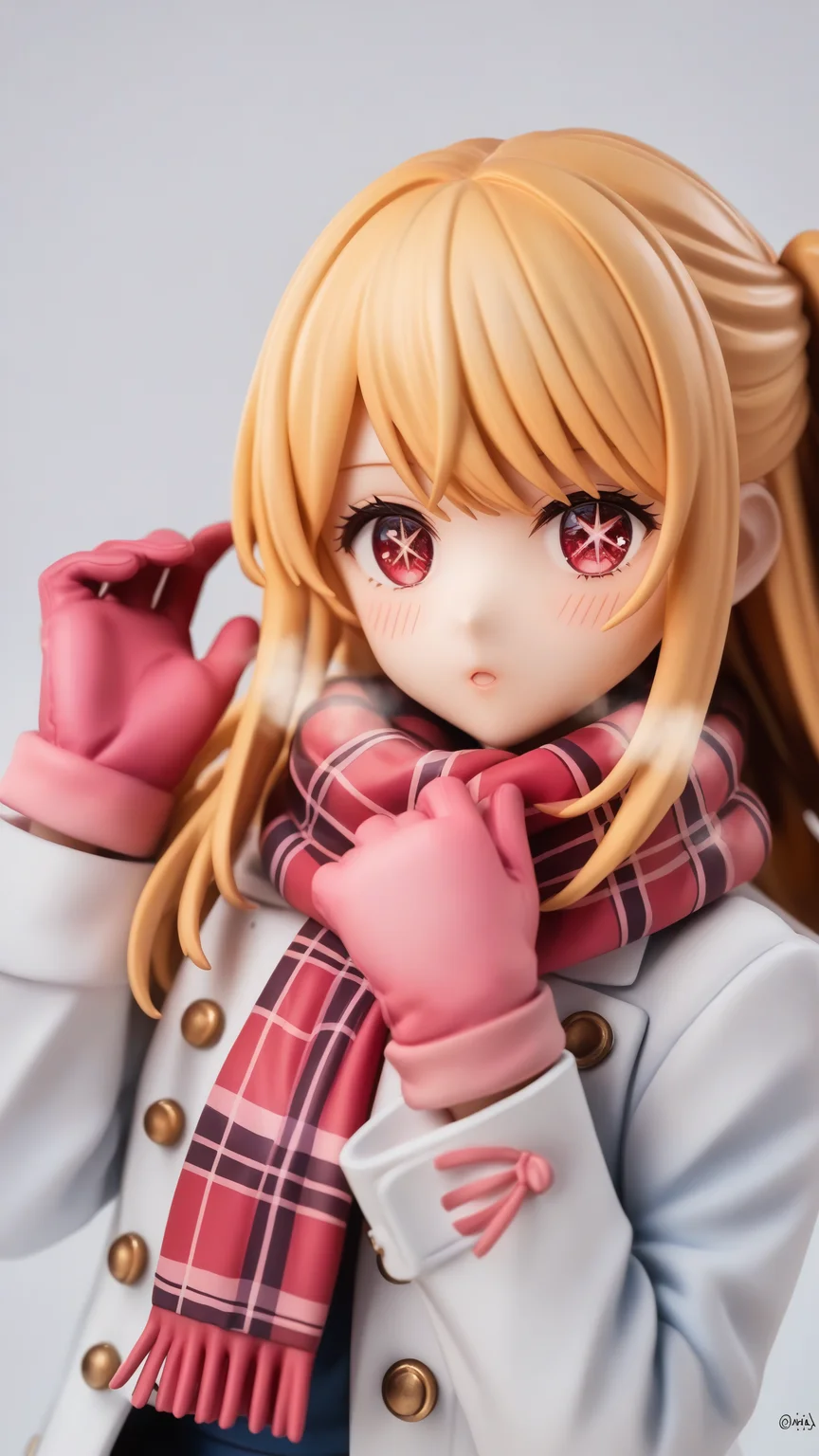 (score_9,score_8_up,score_7_up),source_anime,
1girl, solo, upper_body, hands_up, blush, eyelashes, blonde_hair, absurdres, highres, :o, breath, cold, commentary_request, doodle_inset, hoshino_ruby, long_bangs, looking_at_viewer, one_side_up, parted_lips, pink_mittens, pink_scarf, plaid_scarf, red_eyes, signature, simple_background, snowman, star-shaped_pupils, swept_bangs, white_background, white_coat<lora:oshi_no_ko:1>,