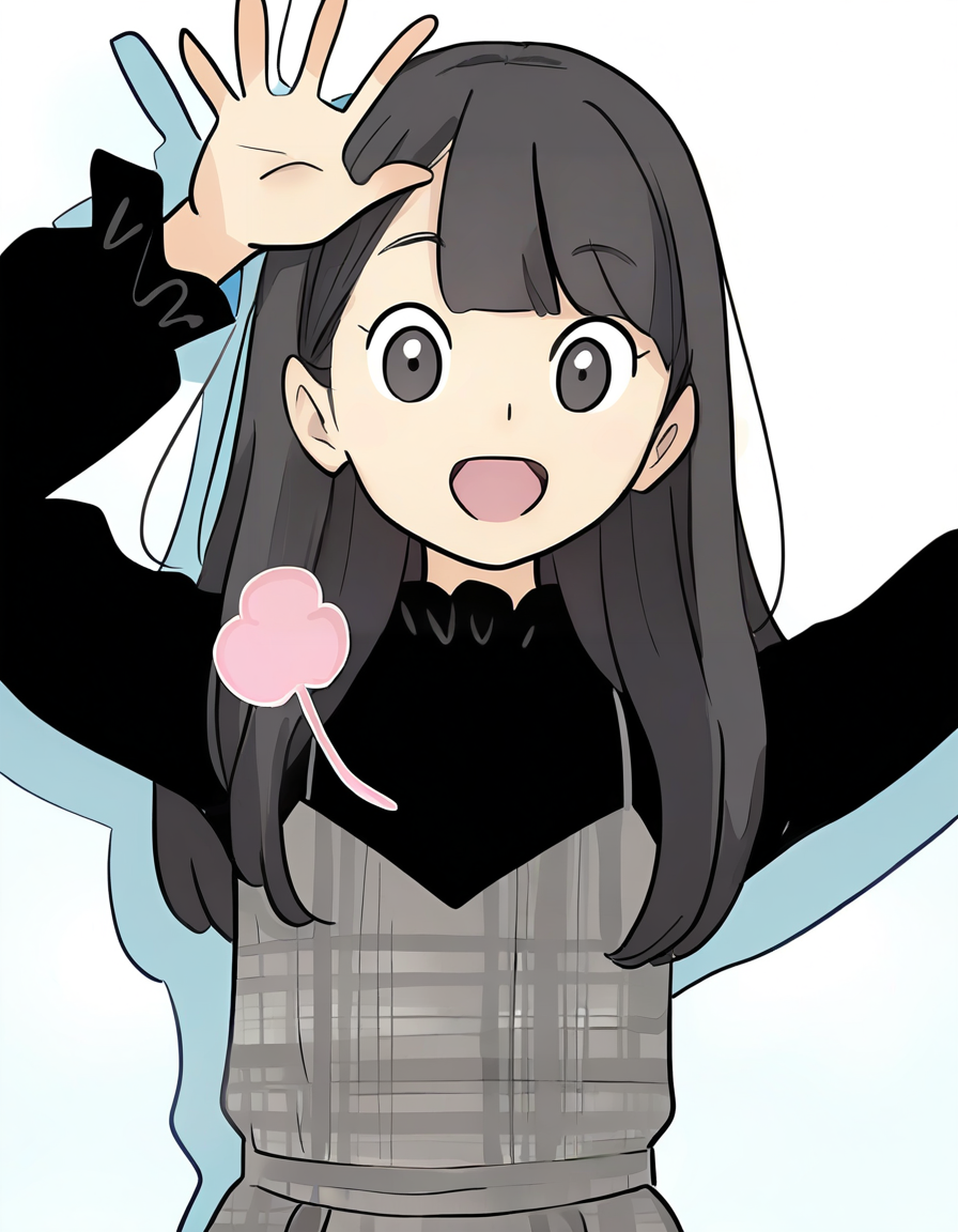 white background,simple background,upper body,looking at viewer,open mouth,:d,waving,arm up,<lora:lijing_noob:1>,skin3,lijing,1girl,solo,long hair,black hair,bangs,black eyes,dress,plaid dress,
masterpiece,best quality,very aesthetic,absurdres,