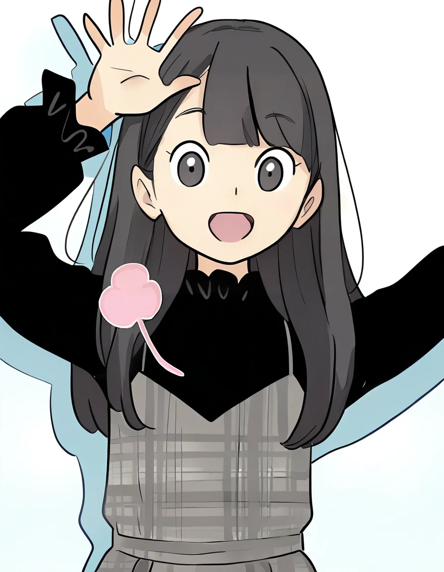 white background,simple background,upper body,looking at viewer,open mouth,:d,waving,arm up,<lora:lijing_noob:1>,skin3,lijing,1girl,solo,long hair,black hair,bangs,black eyes,dress,plaid dress,
masterpiece,best quality,very aesthetic,absurdres,