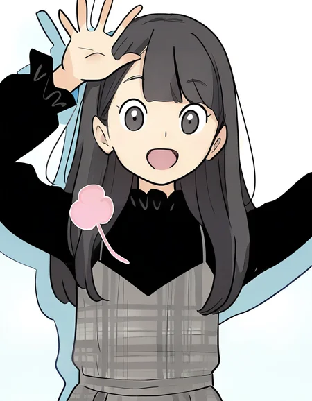 white background,simple background,upper body,looking at viewer,open mouth,:d,waving,arm up,<lora:lijing_noob:1>,skin3,lijing,1girl,solo,long hair,black hair,bangs,black eyes,dress,plaid dress,
masterpiece,best quality,very aesthetic,absurdres,