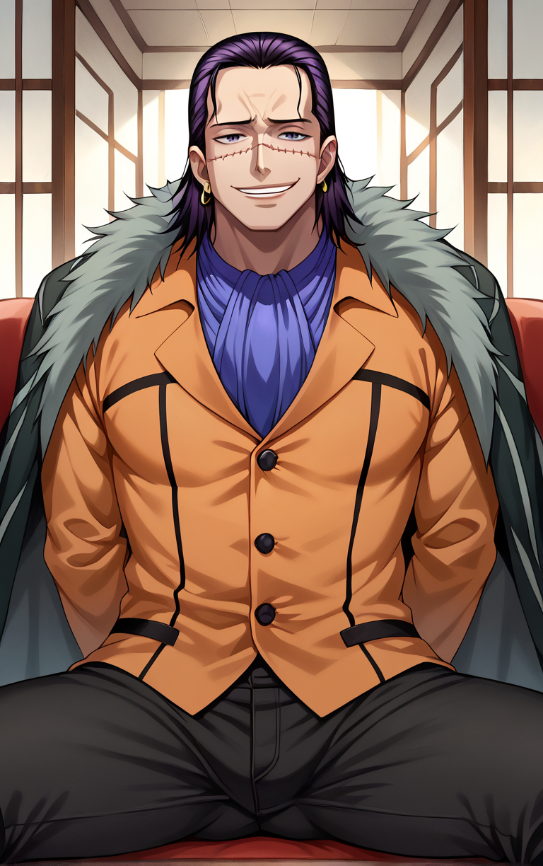 score_9, score_8_up, score_7_up, looking at viewer,  BREAK
Alabasta_Crocodile_ownwaifu, 
1boy, black eyes, black hair, hair slicked back, male focus, scar on face, single earring, jewelry, earrings, scar, smile, short hair, long hair,  
hook, cigar, formal, fur coat, fur trim, orange shirt, purple ascot, ring, stitches, smoking, ascot, coat, coat on shoulders, vest, evil smile, long sleeves, jacket, pants, fur-trimmed coat, black pants, cape
(sitting, spread legs), arms behind back, couch, window shade, indoors, <lora:PONYXL_Pre_ONEPIECE_Crocodile_ownwaifu:0.95> , depth of field, solo, Interesting Image, Captivating Image,