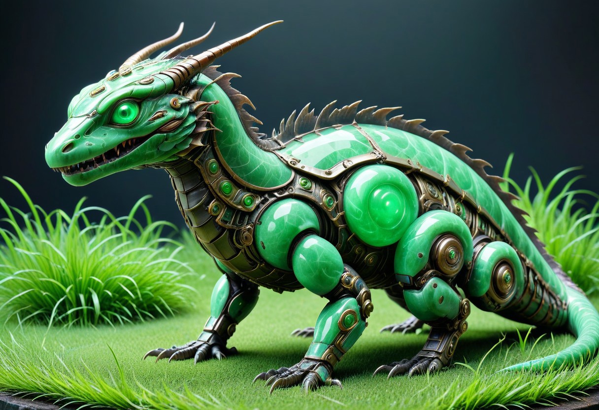 score_9, score_8_up, score_7_up, score_6_up,evi@decrepPunk, 1beast, jade lizzard, jade scales, android parts, made out of jade,  ornately decorated  in the green grass, no humans, dynamic lighting, dramatic and magical,