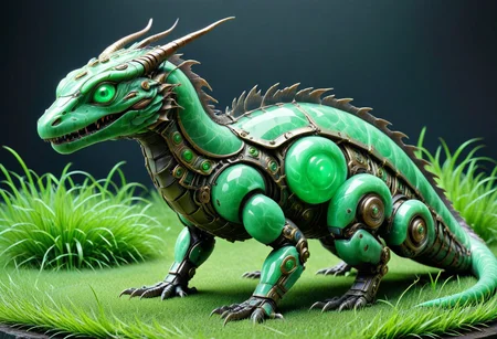score_9, score_8_up, score_7_up, score_6_up,evi@decrepPunk, 1beast, jade lizzard, jade scales, android parts, made out of jade, ornately decorated in the green grass, no humans, dynamic lighting, dramatic and magical,